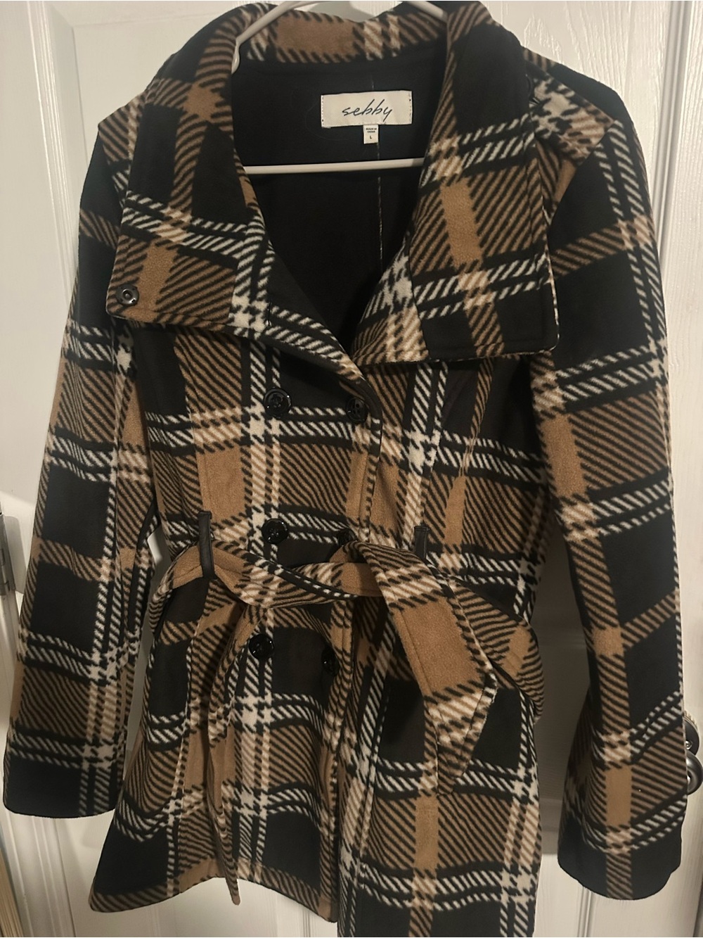 Sebby Black, Camel & White Plaid Trench Coat with Belt